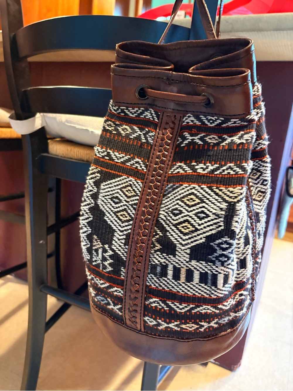 Drawstring Bucket Bag Boho Canvas & Leather Aztec Kilim